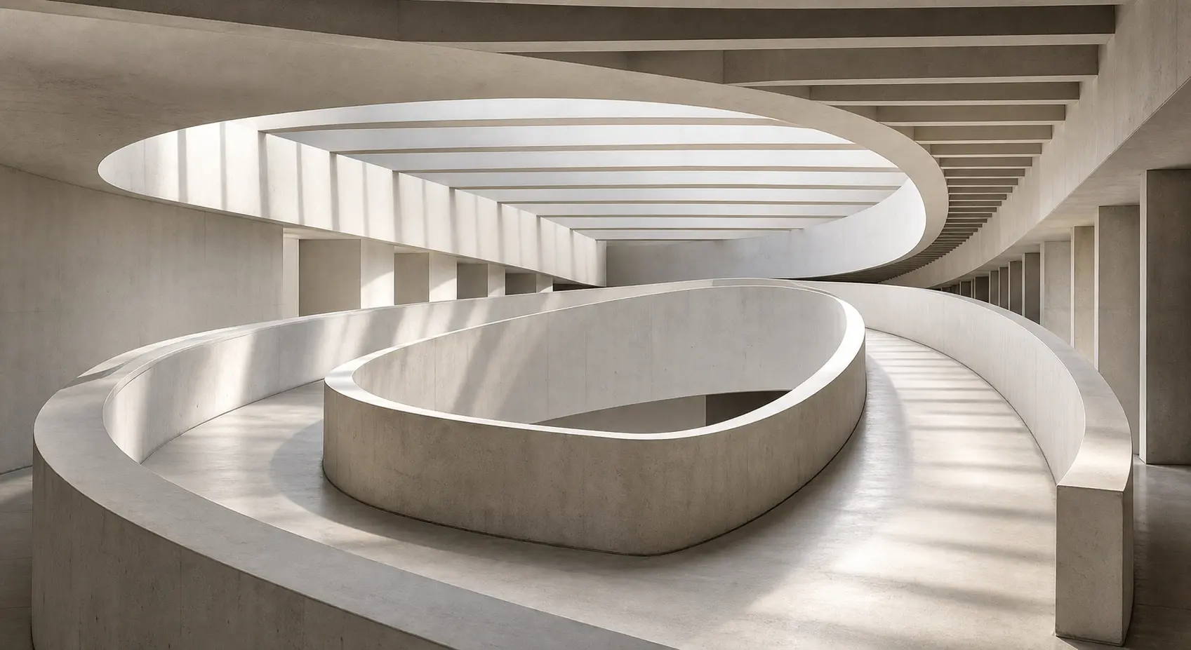 Curved concrete channels looping around a central void